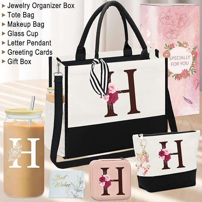 Birthday Gifts for Women,Initial Canvas Tote Bag,Monogrammed Gift for Women,16oz Initial Glass Cup,Makeup Bag with Zipper,Jewelry Organizer Box,Personalized Gifts for Mom-H