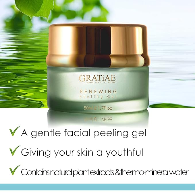 Gratiae organic renewing Peeling gel face mask, mild face cleanser with witch hazel, Deep cleans, removes dead skin cells and blackheads, anti-aging skin care, 1.7 Fl oz