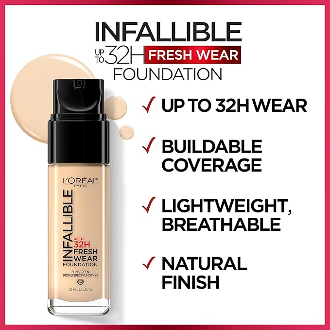 L'Oreal Paris Makeup Infallible Up to 32 Hour Fresh Wear Lightweight Foundation, 488 Caramel, 1 Fl Oz, Packaging May Vary