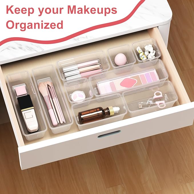 12 PCS Plastic Drawer Organizer Set, Sturdy 3-Size Makeup Vanity Desk Drawer Organizer Trays and Storage Bins for Cosmetics, Junk and Gadgets – Ideal for Bathroom, Bedroom, Office and Kitchen