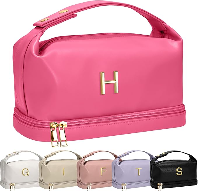 Birthday Gifts for Wife, Personalized Makeup Bag with Handle, Initial Gifts for Her Cosmetic Bag with Makeup Brush Organizer, Cute Cosmetic Pouch for Women, Gifts for Niece Female Mom