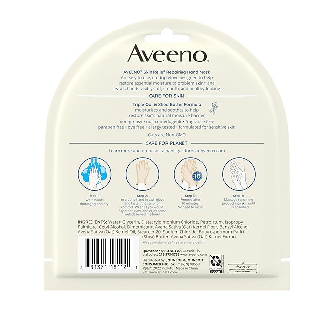 Aveeno Skin Relief Repairing Hand Mask, Moisturizing Gloves with Prebiotic Oat & Shea Butter for Very Dry Skin, Hand Care for Sensitive Skin, Fragrance-Free, 1 Pair of Single-Use Gloves