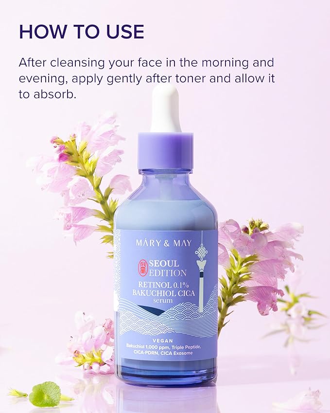 Mary&May SEOUL EDITION Retinol 0.1% Bakuchiol Cica Serum - Korean Face Serum for Pore Elasticity & Wrinkle Improvement - Cica and Peptides - Fragrance-Free, Vegan, and Cruelty-Free, 2.7 fl.oz.