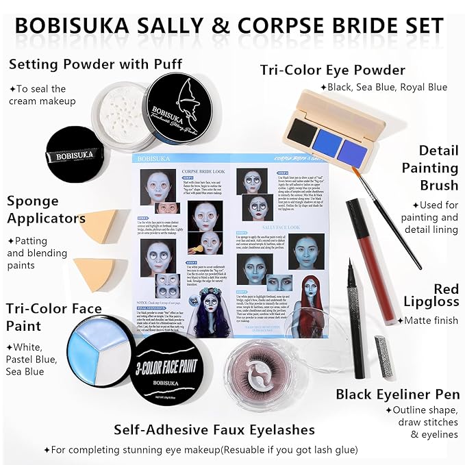 Halloween Sally Makeup & Corpse Bride Makeup Kit, Sally Costume Corpse Bride Make Up SFX Set with Light Blue Face Paint, Black Eyeliner, Lipstick & Faux Eyelash for Sally Face Cosplay & Dress-Up Party