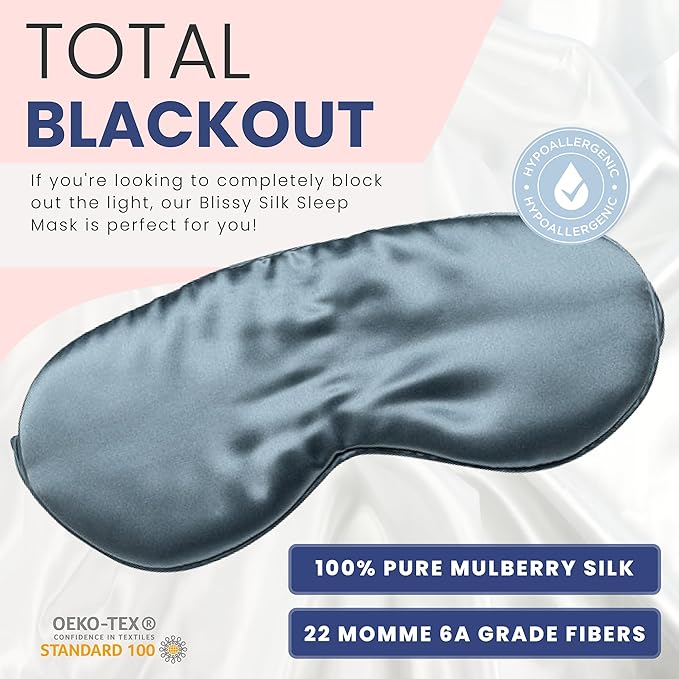 Blissy Silk Sleep Mask - Silk Eye Sleeping Mask for Women & Men for Total Blackout - 100% Pure Mulberry Silk, 22 Momme 6a Fibers - Blindfold Silk Sleep Mask Side Sleeper Eye Cover (Ash Blue)