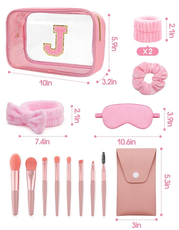 Gift Sets for Women, Initial Makeup Bag with Makeup Brush Set Bachelorette Party Favors, Pink Spa Kit with Skincare Headbands Wrist Bands Sleepover Party Supplies Gifts for Teen Girls Bridesmaid J