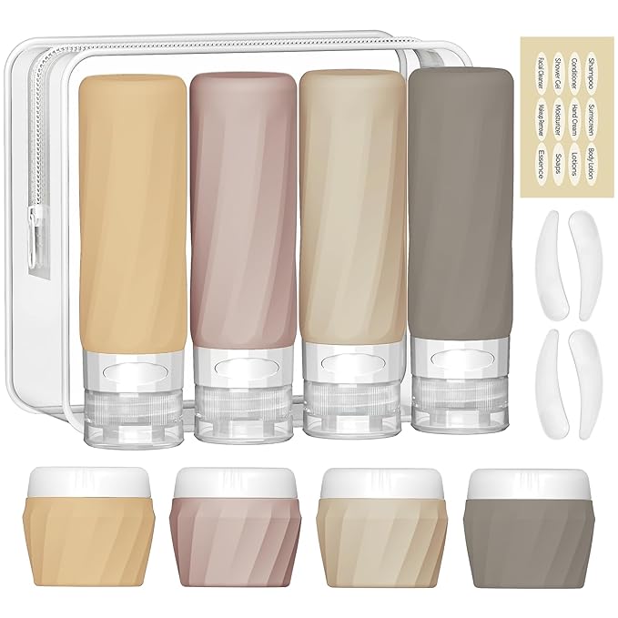 14pack Travel Bottles for Toiletries, TSA Approved Travel Size Toiletries Containers Set, Premium Silicone Leak Proof Refillable Squeezable & Creams jars Accessories Kit W/Clear Bag (Apricot)