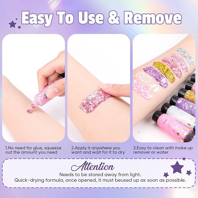 AROIC Kids Unicorn Hair Glitter，14Pcs Body &Face Shimmering Glitter Gel Set，Fairy Costume Sparkle Makeup for Girls，Holographic Sparkle Face Paint for Festivals Princess Birthday Party Gifts (7 Colors)