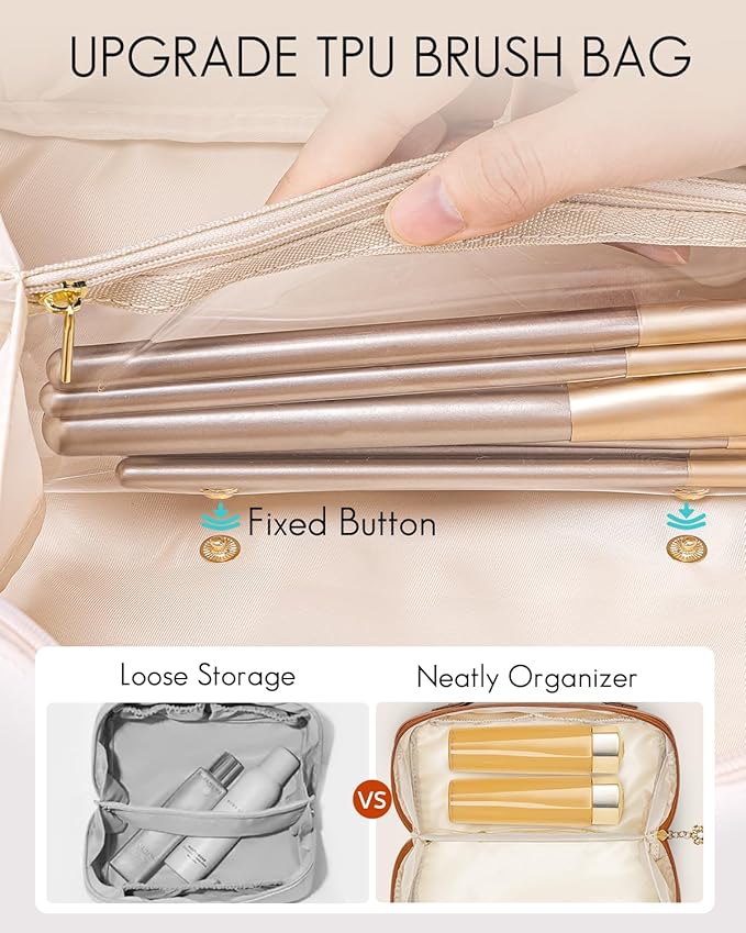 Vlando Travel Makeup Bag,Brown Leather Make up Bag,Portable Toiletry Bag with Divider and Handle,Gifts for Women (Brown)