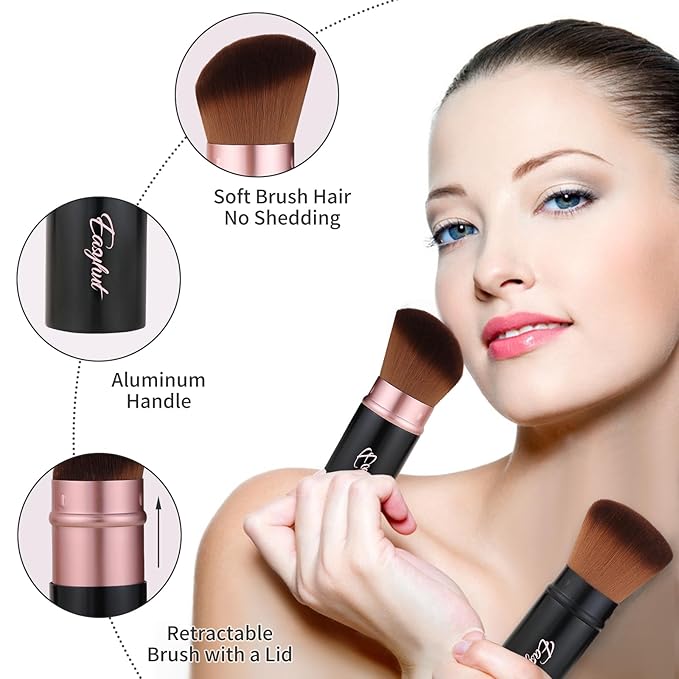 Retractable Kabuki Makeup Brushes 2 Pcs Blush Brushes Set Portable Powder Brushes with Flat and Angled Top for Liquid Cream Cosmetics Travel