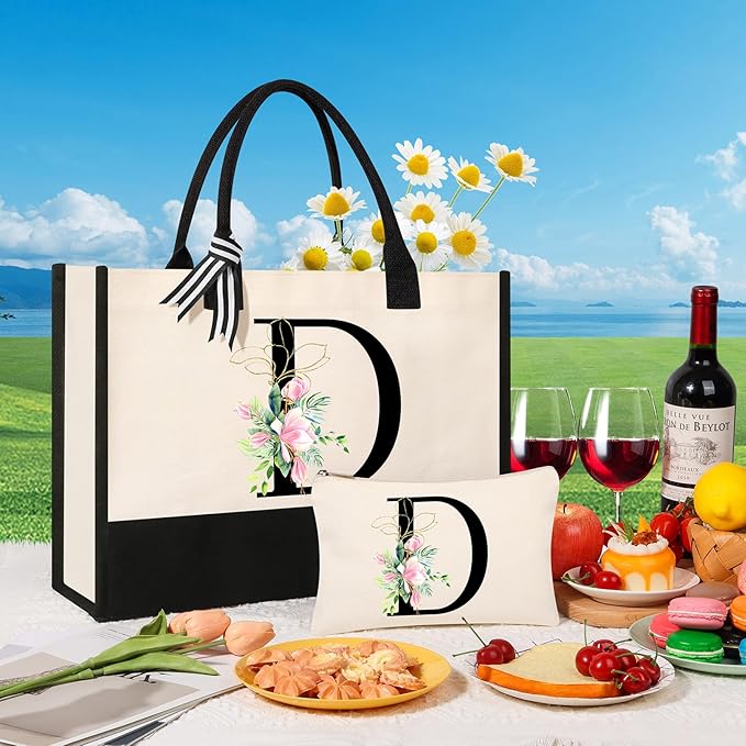 AYGE Personalized Initial Canvas Beach Tote, Monogrammed Gifts for Women, Makeup Bag, Birthday Gifts for Sister, Mom, Teacher, Bridesmaid (D)