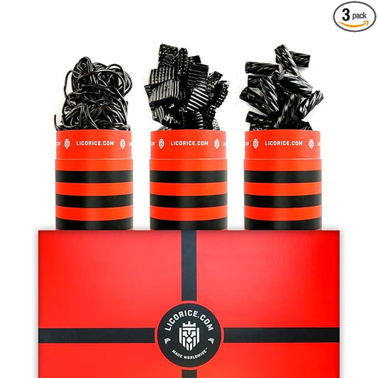 Licorice.com | Candy Gift Box | Soft & Chewy Black Licorice Trio | Australian Sweet & Rich Black Authentic Licorice Spirals & Pillows | Great Gift Idea for Holidays and Birthdays | Pack of 3
