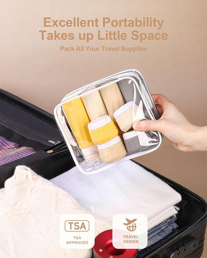 Travel Bottles for Toiletries 8 Pack, Travel Size Toiletries, Tsa Approved Travel Size Containers 3oz, with Travel Essentials Clear Bag, Leak Proof Silicone Squeezable Creams Jars