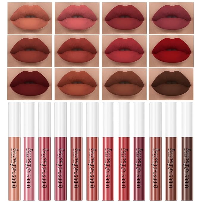 12Pcs Nude Matte Liquid Lipstick Set, Waterproof Long Lasting Non-Stick Cup Nude Brown Dark Red Lipstick 24 Hour Not Fade Matte Lipstick Professional Lip Gloss Makeup Gifts for Women (Set C)