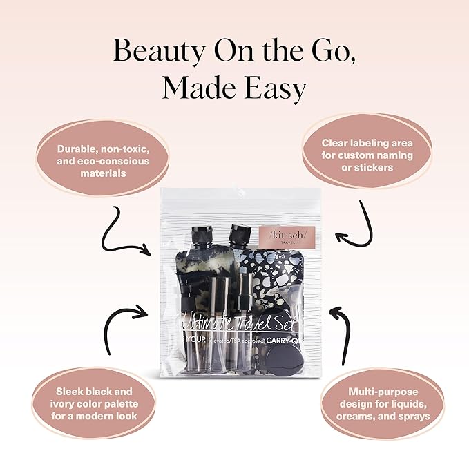 Kitsch 11 PCS Travel Bottles for Toiletries – Travel Essentials Kit for Shampoo, Conditioner, Lotion & More - TSA Approved Travel Bottles, Leak-Proof Refillable Travel Size Containers - Black & Ivory