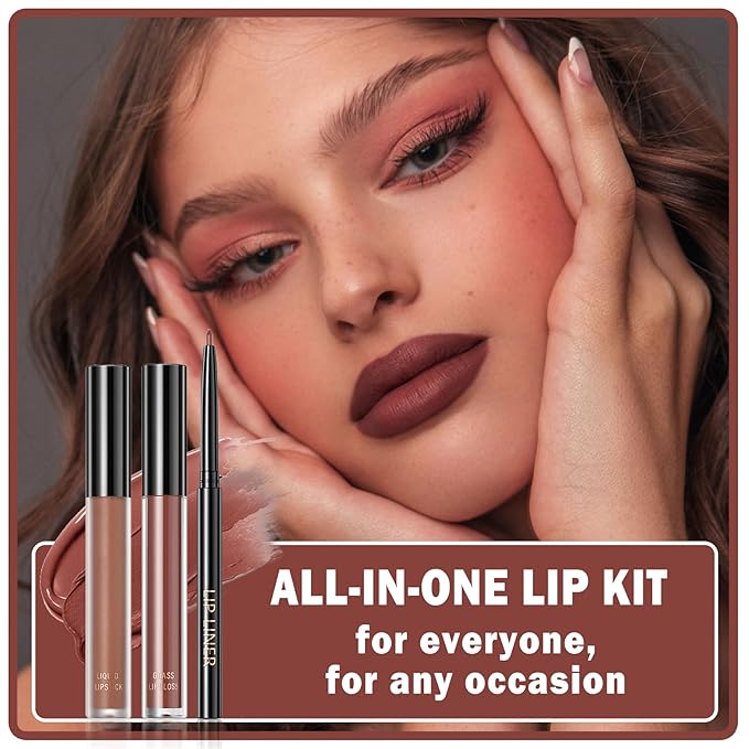 3 in 1 Lip Liner Pencil and Lipstick lipgloss Set Matte Lipstick Lip Gloss Kit Long-lasting Nonstick Cup Smudge Proof Lip Kits with Lip Liner,Moisturizing Lip Tint Lip Stain Makeup (03#Cinnamon Bun)