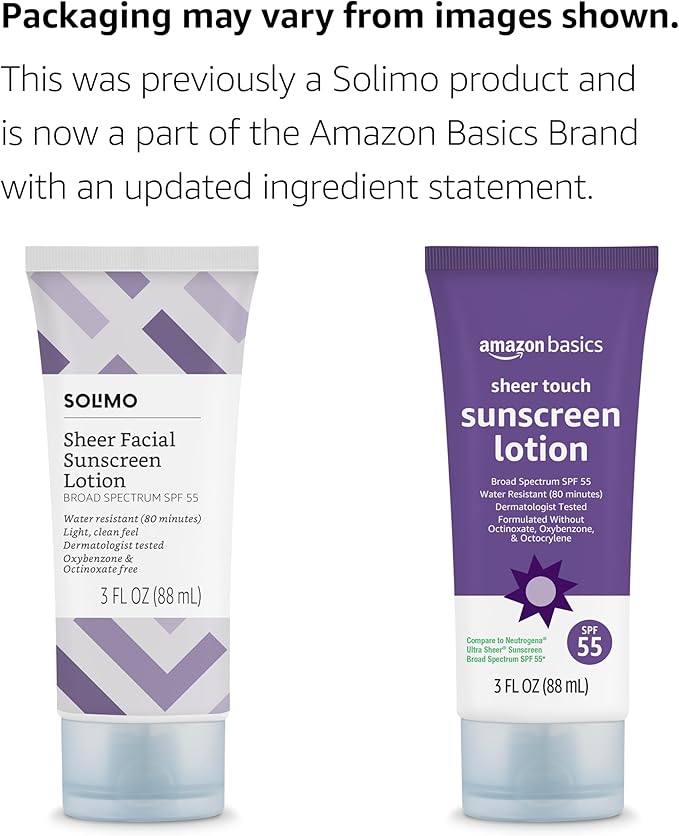 Amazon Basics Sheer Facial Sunscreen SPF 55, UVA/UVB Protection, Lightweight, Water Resistant, Formulated without Octinoxate & Oxybenzone, 3 fl oz (Pack of 1) (Previously Solimo)