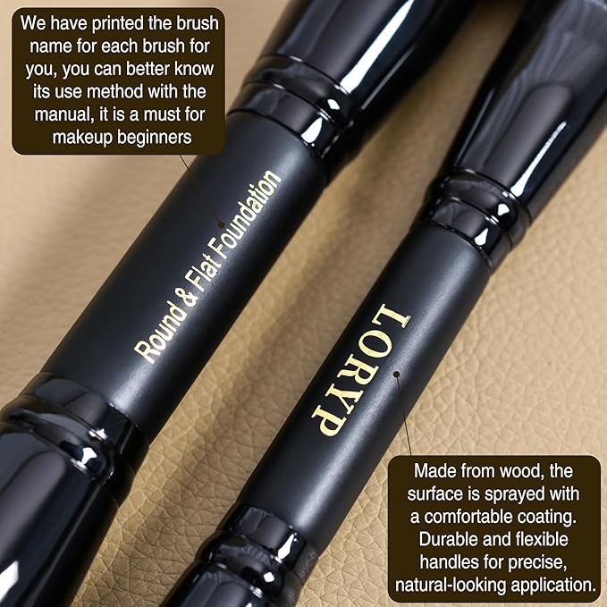 LORYP Black Makeup Brushes 2Pcs Duo End Foundation Powder Brush Set, Blush & Highlighter Brush and Round & Flat Foundation Brush