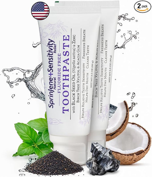 SprinJene Fluoride Free Toothpaste - Patented Natural Toothpaste with Black Seed Oil & Zinc - Made in The USA - Vegan Non Fluoride for Fresh Breath Preservative Free (2 Pack)