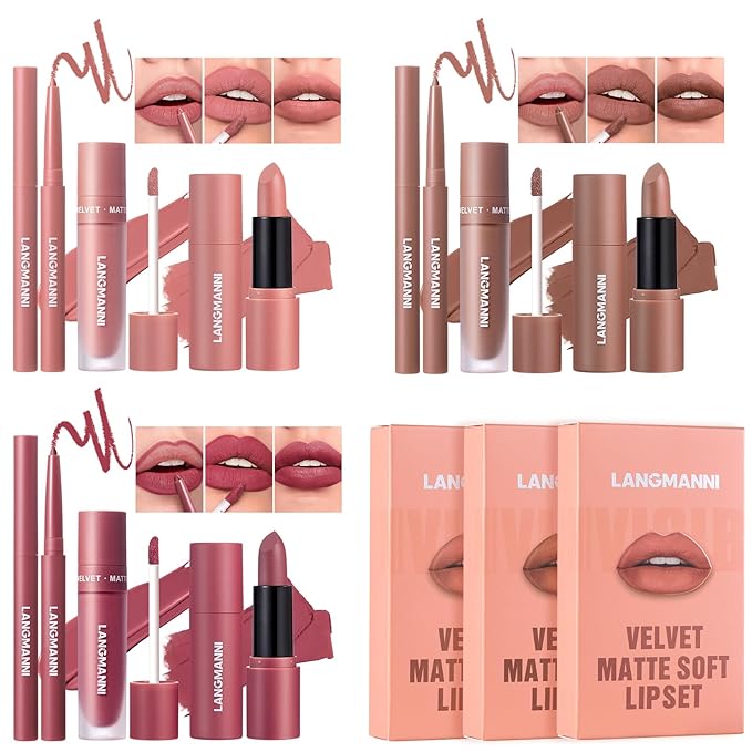 LANGMANNI 3 in 1 Matte Velvet Lipstick Set-Lip Liner,Lip Gloss and Lipstick Combo,Perfect for Natural Lip Contour,Waterproof And Longlasting Effect Lip Makeup,Unique Festival Gift (#01+03+05)