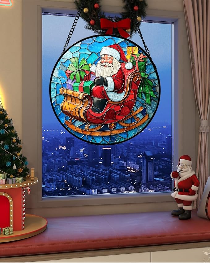 Stained Glass Window Hanging - Red Santa Claus Gift Box Suncatcher for Doors Home Christmas Decoration Winter Sun Catcher Thanksgiving New Year Birthday Gift for Women Men Mom Nana 6.3 in