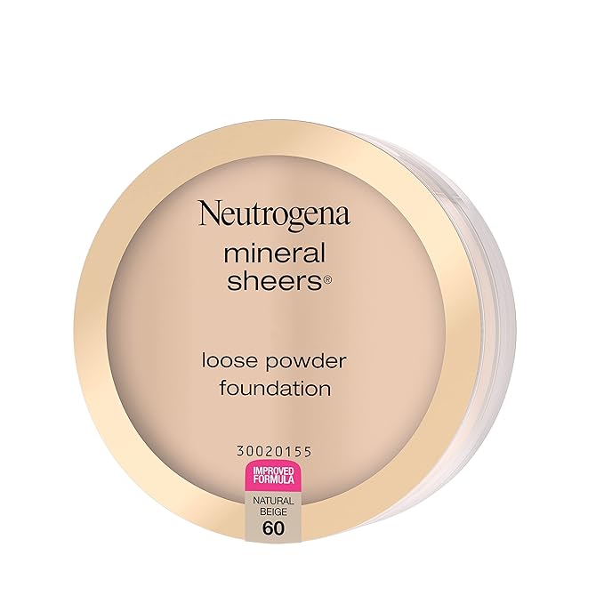 Neutrogena Mineral Sheers Lightweight Loose Powder Makeup Foundation with Vitamins A, C, & E, Sheer to Medium Buildable Coverage, Skin Tone Enhancer, Face Redness Reducer, Natural Beige 60,.19 oz