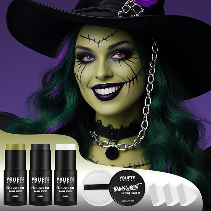 Black White Ogre Green Face Body Paint Stick Set with Translucent Setting Powder and Sponges, Professional Full Coverage Face Painting for Adults Halloween Cosplay SFX Skull Witch Hulk Makeup