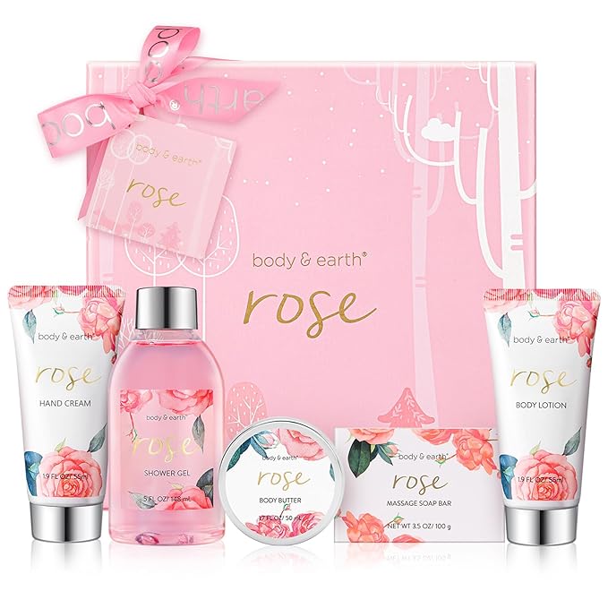 BODY & EARTH Spa Gift Set for Women - Luxurious 5 Pcs Bath and Body Gift Sets with Rose Scent, Spa Gift Box, Bath Set Includes Body Wash, Body Butter, Body Lotion and More, Birthday Gifts for Women