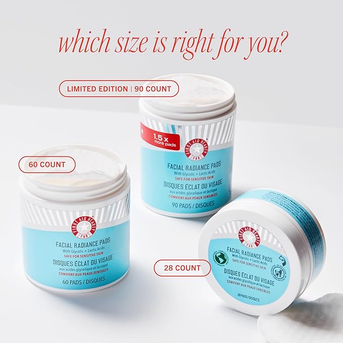 First Aid Beauty - Facial Radiance Pads with Glycolic & Lactic Acids, Daily Exfoliating Pads with AHA, Visibly Smaller Pores, Help Tone & Brighten Skin, One-Step Makeup Prep, Compostable, 90