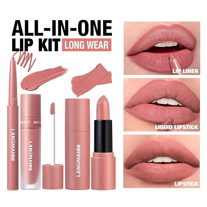 LANGMANNI 3 in 1 Matte Velvet Lipstick Set-Lip Liner,Lip Gloss and Lipstick Combo,Perfect for Natural Lip Contour,Waterproof And Longlasting Effect Lip Makeup,Unique Festival Gift (#02+04+06)