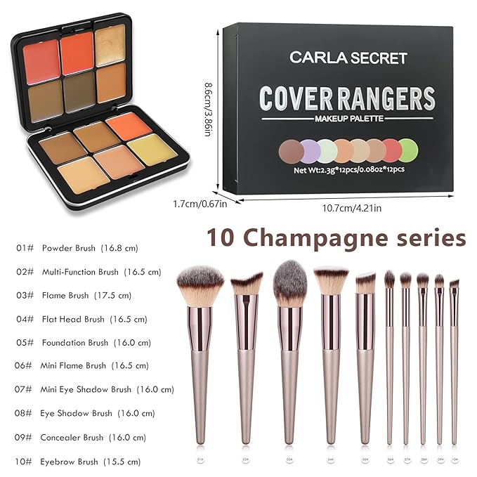 Makeup Kit, 12 Colors Vegan Eyeshadow Concealer Palette with 10 Professional Champagne Gold Makeup Brushes Set, Cruelty-Free, Gift Set for Women, Teens, Beginners(A)