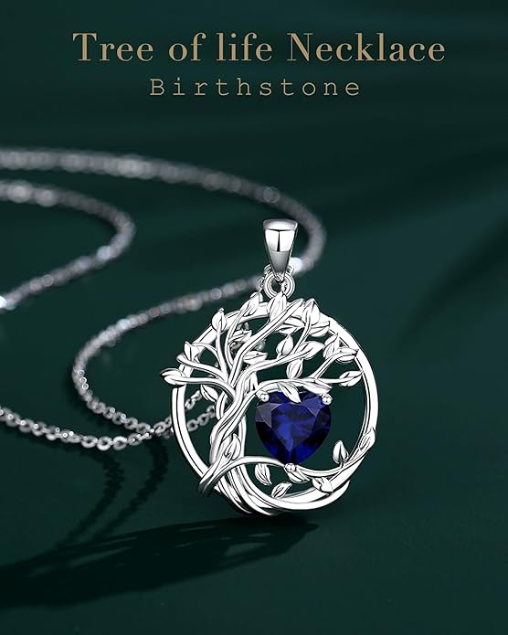 FANCIME Tree of life Birthstone necklace Sterling Silver Pendant Birthstone Necklace Gemstone Anniversary Birthday Jewelry Christmas Gifts for Mom Her Wife