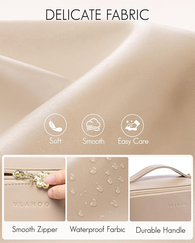 Vlando Makeup Bag,Gifts for Teachers,Large Capacity Toiletry Bag for Women Waterproof Portable Make up Pouch PU Leather Open Flat Cosmetic Bag(Toffee)