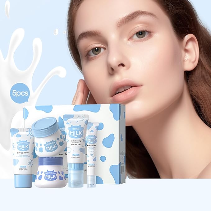 Skincare Gift Set for Women, Milk Skin Care Sets - 5PCS Skincare Essentials Set with Eye Cream, Cleanser, Face Cream Sunscreen, Cream for Teenage Girl Women Beauty Skin Care Gift Set
