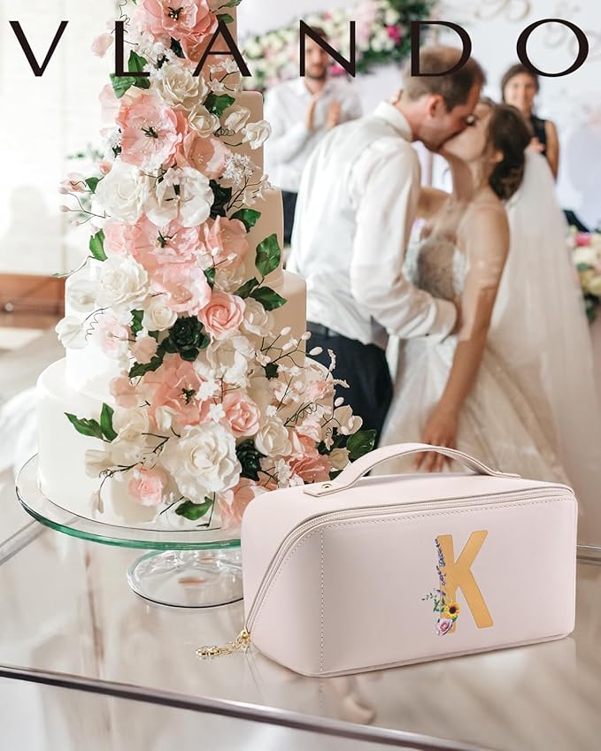 Vlando Preppy Makeup Bag, Monogrammed Gift for Women, PU Leather Travel Toiletry Bag for Women Traveler(Letter K)