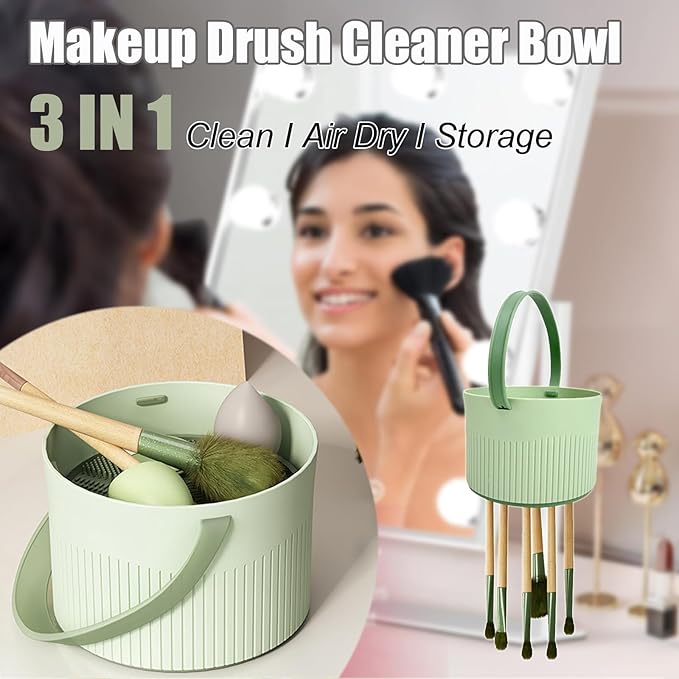 Makeup Brush Cleaner Mat 3 in 1 Silicone Makeup Brushes Cleaner Bowl with Brush Drying Holder Hanging Cosmetic Brush Cleaner Organizer for Storage & Air Dry, Green