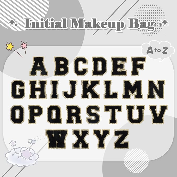 Personalized Initial A-Z Preppy Patch Makeup Bag,Small PU Chenille Letter Cosmetic Bag with Zipper for Teen Girls,Black Cute Toiletry Organizer Bag,Monogram Makeup Case Gift for Women Girls,Letter A