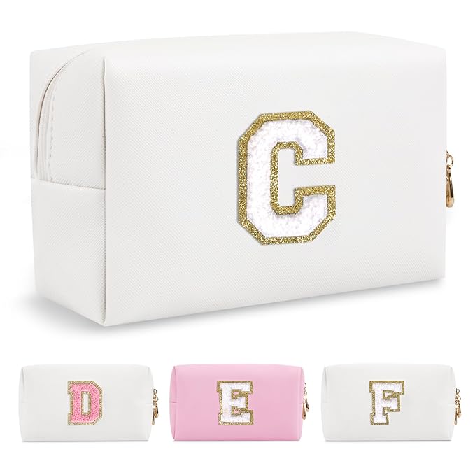 Small Personalized Initial A-Z Preppy Patch Makeup Bag,White PU Chenille Letter Travel Cosmetic Pouch with Zipper,Cute Toiletry Bag,Gift Ideal for Teen Girls Women Teacher Bridesmaid,Letter C