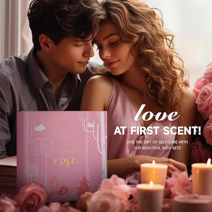 BODY & EARTH Spa Gift Set for Women - Luxurious 5 Pcs Bath and Body Gift Sets with Rose Scent, Spa Gift Box, Bath Set Includes Body Wash, Body Butter, Body Lotion and More, Birthday Gifts for Women