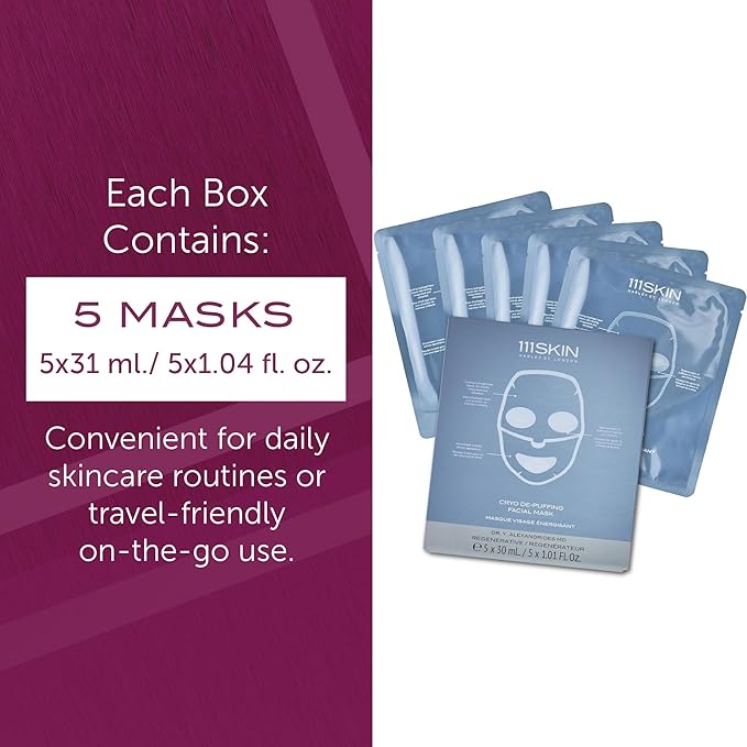 111SKIN Cryo De-Puffing Energy Facial Mask - Fragrance Free - Tighten, De-Puff & Refresh - Peptides & Caffeine - Set of 5 (1 oz each) - Depuffing Face Mask