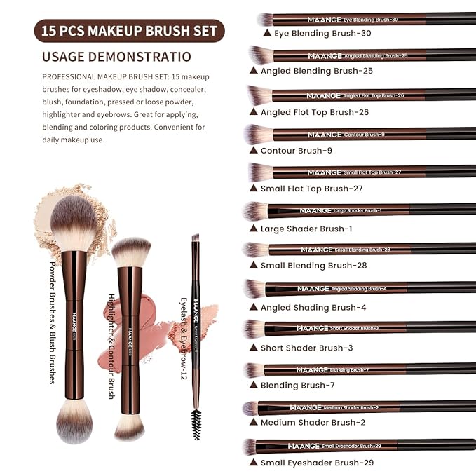 MAANGE 15 PCS Makeup Brushes Double-ended Makeup Brush Set Double Sided Angled/Round Top Brush Foundation Contour Blending Eyebrow Eyeshadow Concealer (Coffee)
