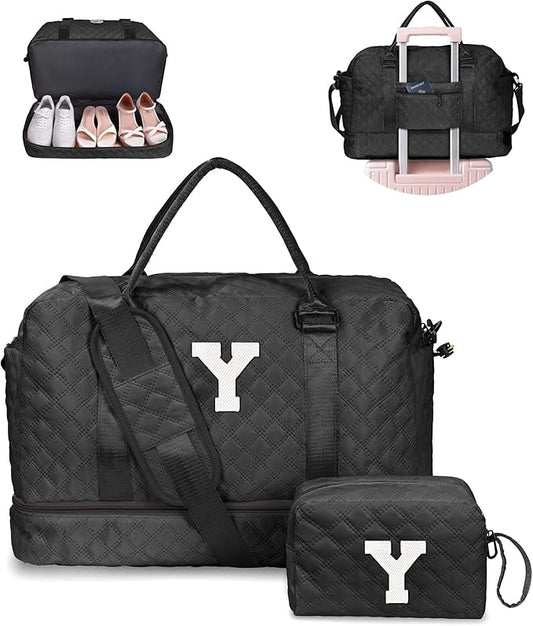 Initial Duffle - Personalized Monogram Travel Bag with Shoulder Strap - Women Overnight Bag with Wet Pocket - Makeup Bag Gift
