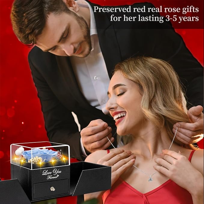 Preserved Sky Blue Real Rose with Heart I Love You Necklace -Eternal Flowers Rose Birthday Gifts for Women Her Mom Wife Girlfriend Grandma on Valentines Mothers Day Christmas Anniversary Romantic