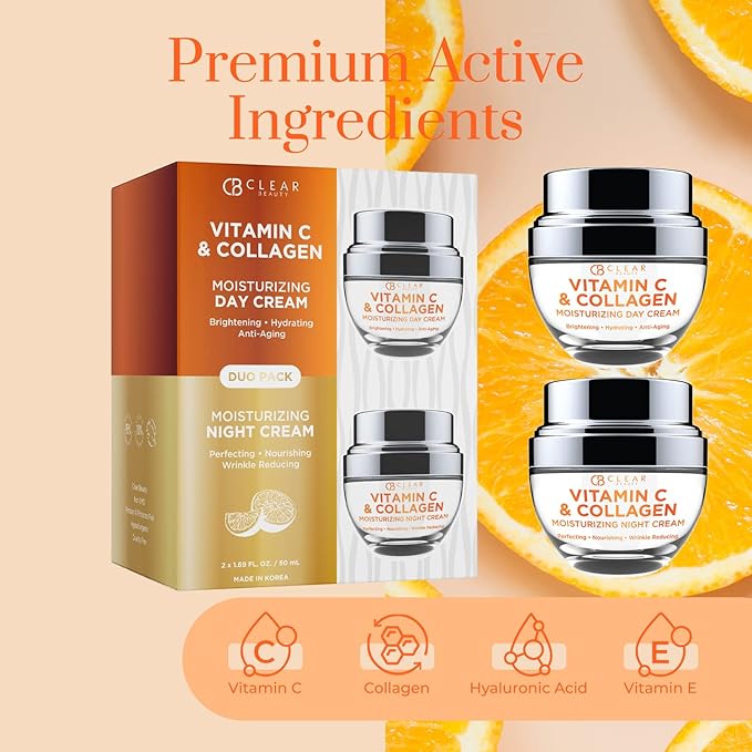 Clear Beauty Vitamin C & Collagen Day/Night Moisturizer - Dermatologist Tested, Restores & Brightens Skin Tone, Hydrating & Firming, Anti-Aging Cream, Cruelty Free Korean Skin Care - 2 Pack