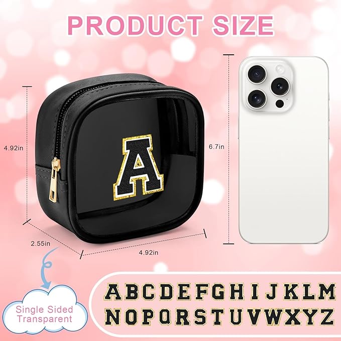 YOOLIFE Mini Clear Makeup Bag Initial Make Up Bag Waterproof Travel Toiletry Bag, Clear Makeup Bag Travel Essentials Gifts for Women Teen Girlfriend Teacher Mom Cute Pouch for Medications Black K