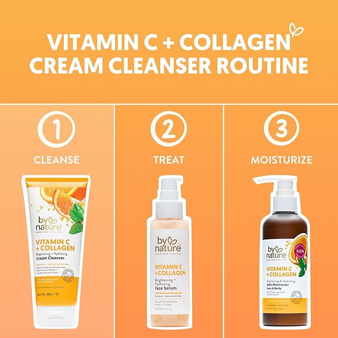 By Nature Vitamin C + Collagen Face Cream Cleanser - Daily Makeup Remover and Facial Wash from New Zealand (7 Oz)