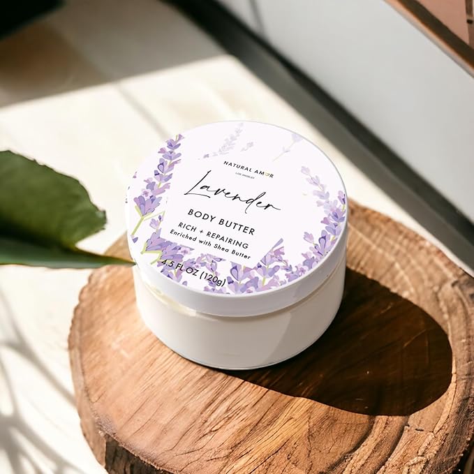 Natural Amor- Lavender Spa Gift Set-6pc Handmade Bath Gift for Women or Men including Body Butter, Natural Clay Mask, Bath Salt, Candle