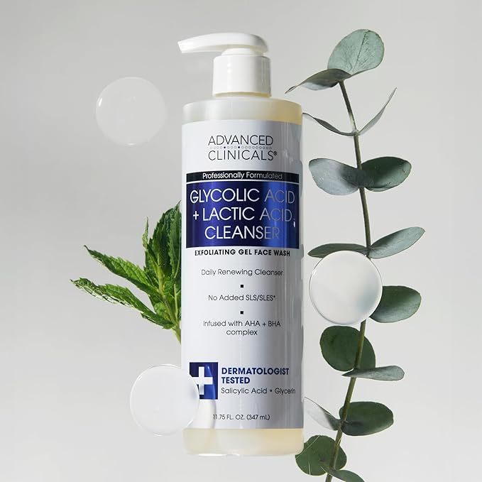 Advanced Clinicals Glycolic Acid Exfoliating Face Wash For Women & Men | Lactic Acid & Salicylic Acid Facial Cleanser | Glycerin Gel Gleanser Helps Gently Exfoliate & Cleanse Dirt & Oil, 2-Pack