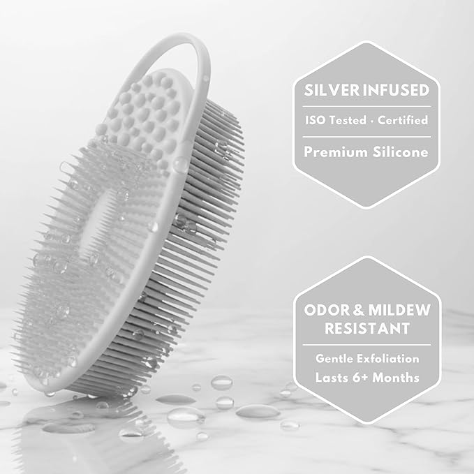 Silver Infused Exfoliating Body Scrubber - Textured Back Scrubber Shower Brush - Avilana Advanced Material Bath Tool Dual Sided - Gentle Smoothing Rough Skin - Premium Gift Women Men