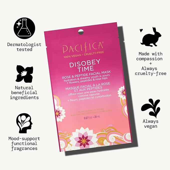 Pacifica Disobey Time Anti-Aging Facial Sheet Mask 6-Pack – Hydrating Rose & Peptide Mask for Dry Skin, Infused with Hyaluronic Acid & Green Tea, Fights Fine Lines, Vegan & Cruelty-Free